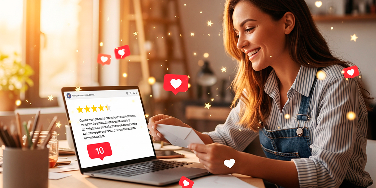 [Persona sonriendo mientras lee el feedback positivo de un cliente en su laptop]