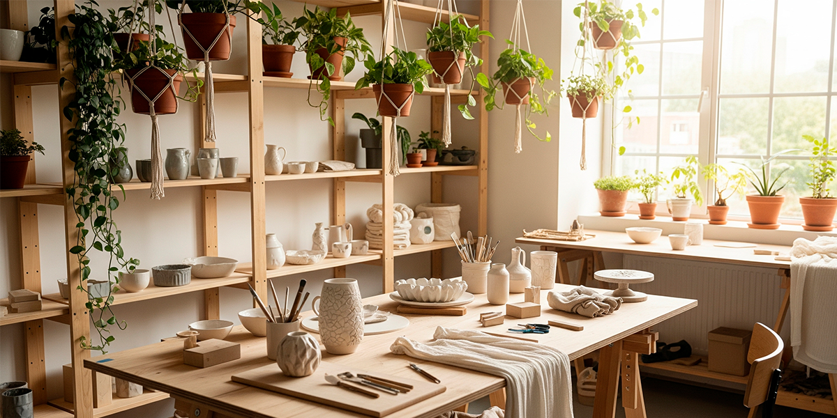 [Imagen de un taller de artesano ordenado con plantas y materiales naturales]
