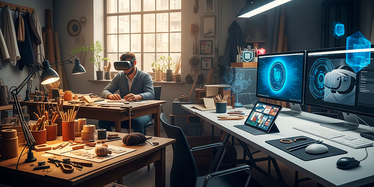 [Imagen de un taller artesanal que se fusiona con un espacio de trabajo digital, simbolizando el crecimiento de un emprendimiento]